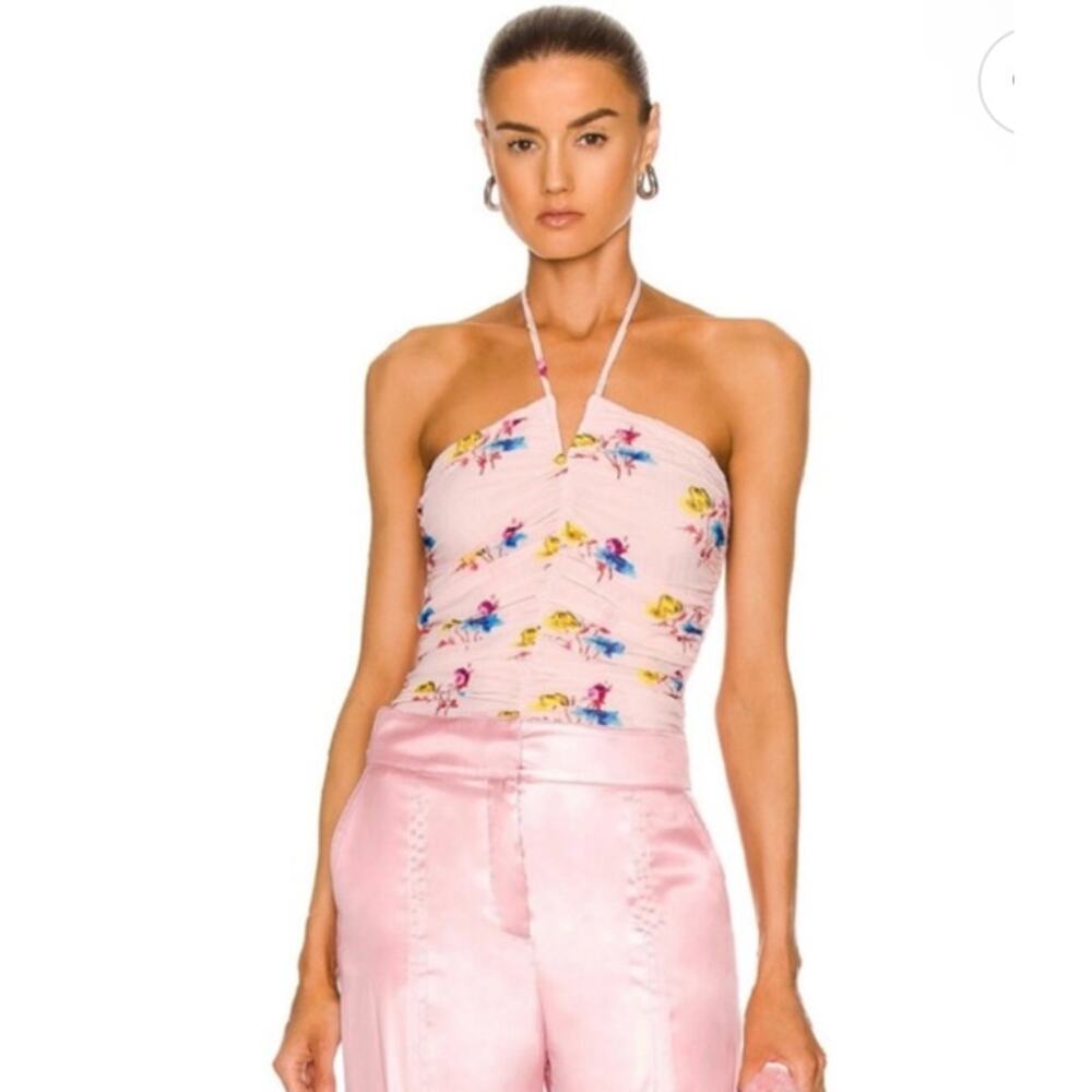 GANNI Floral Mesh Halter Top NWT Size M EU 38 Sheer Ruched REVOLVE
